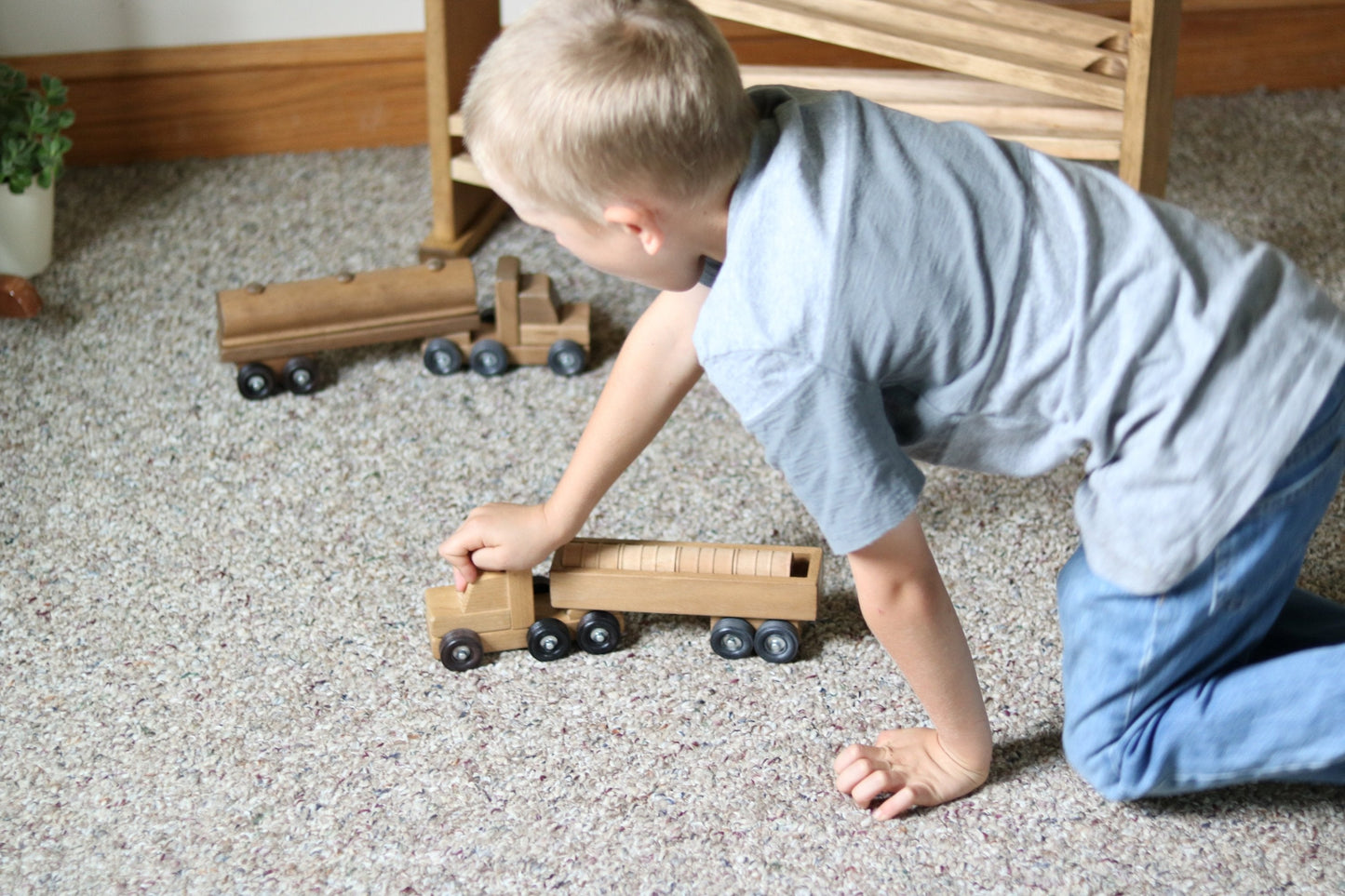 Amish Wooden Barrel Truck Toy With Removable Wood Barrels Child-Safe Harvest Stain Finish