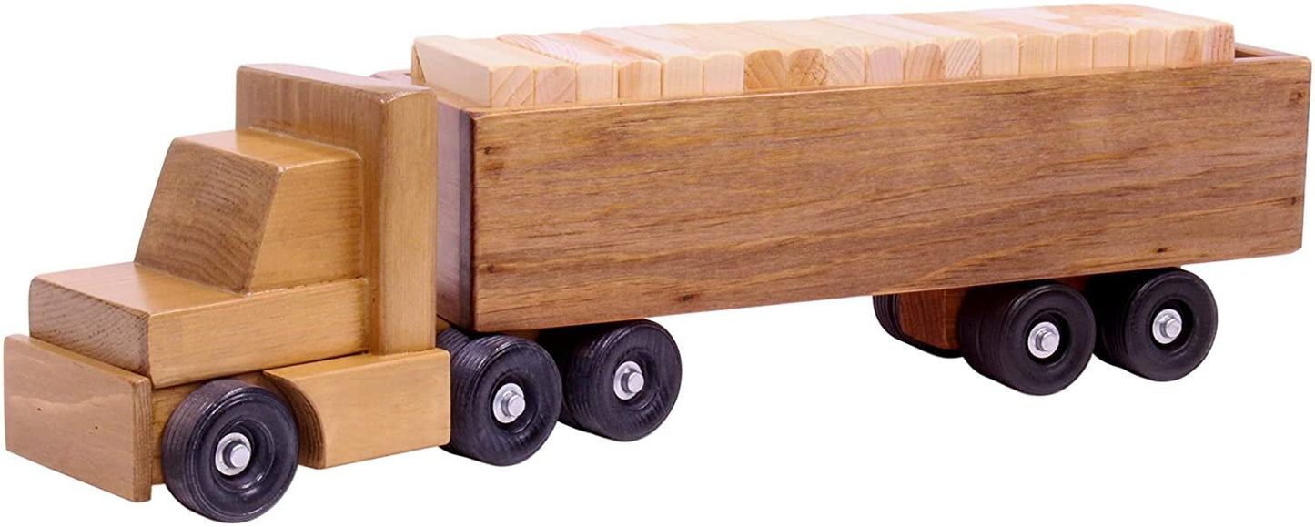 Amish Large Semi Truck and Trailer Wooden Toy Set - with 30 Building Blocks
