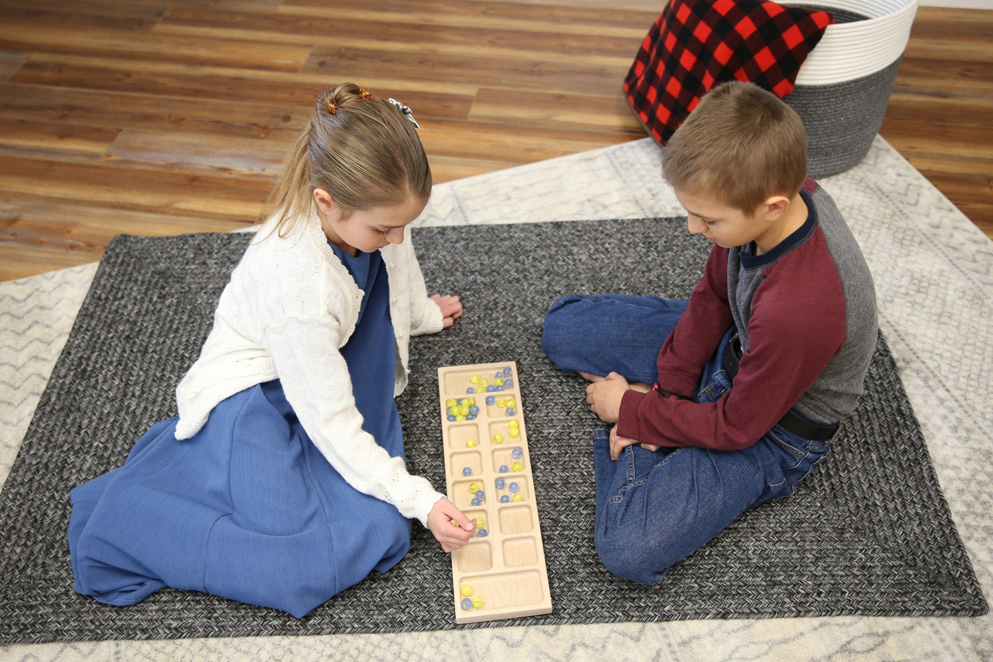 AmishSolid Oak Wood Mancala Board Game Set With Marbles,