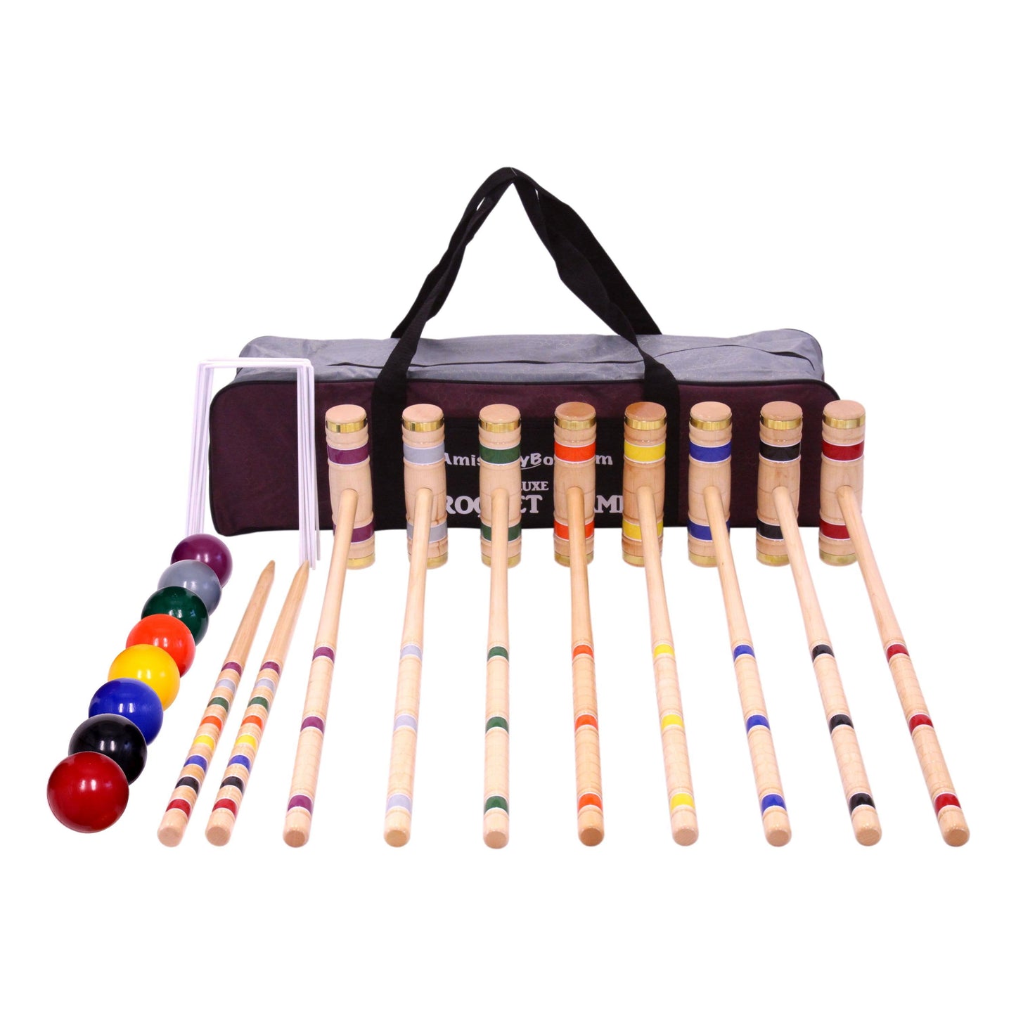 Amish Deluxe 8-Player Croquet Game Set Wooden Holder or Duffel Carry Bag