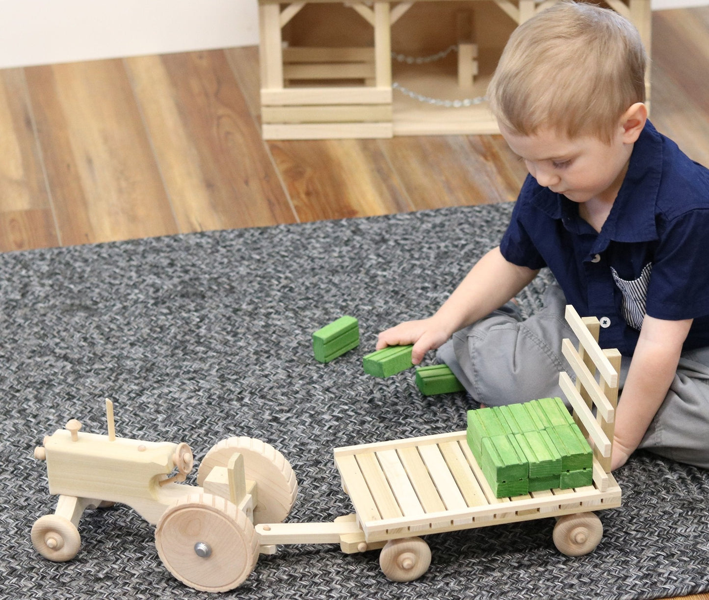 Amish Wooden Toy Tractor & Hay Wagon Set with Hay Bales