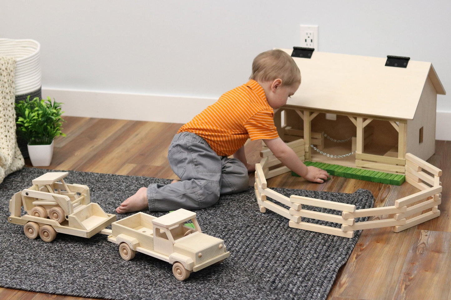 Amish Wooden Toy Pickup Truck and Flatbed Trailer with Skidloader Set