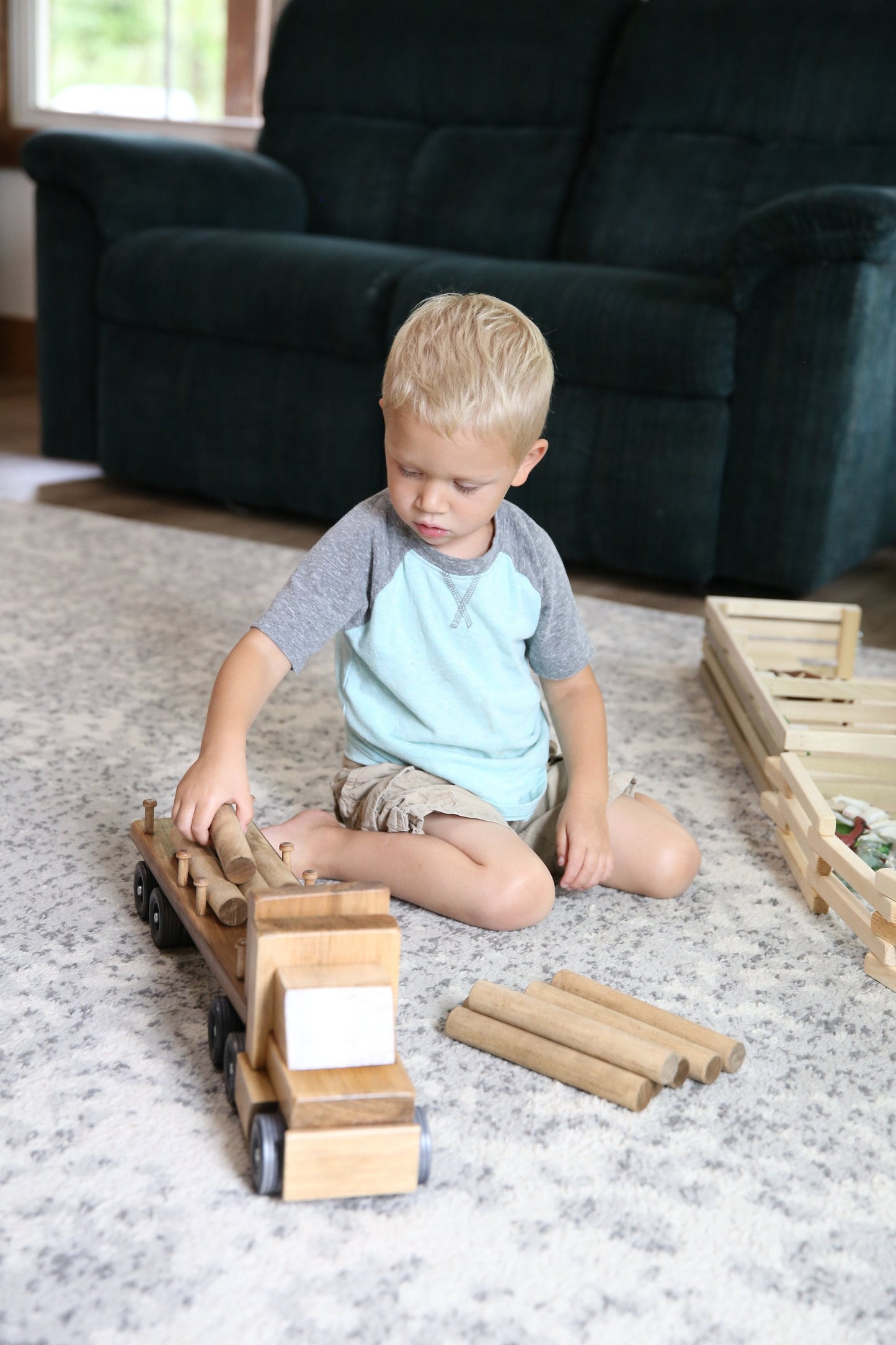 Amish Wooden Log Semi Truck Toy With Removable Logs