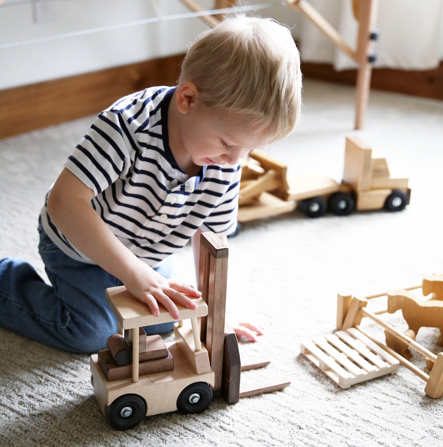 Amish Wooden Forklift Toy With Pallet Child-Safe Finish
