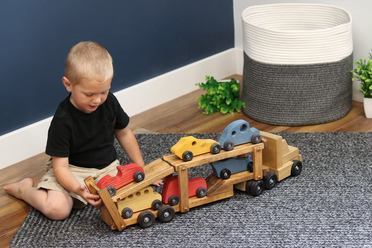 Amish Wooden Car-Carrier Semi Truck and Trailer Toy Set with 6 Cars