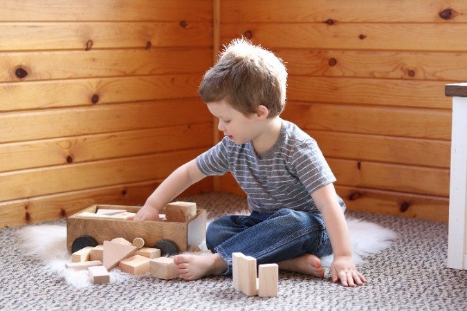 Amish Wooden Toddler Pull Wagon Toy with Wood Building Blocks