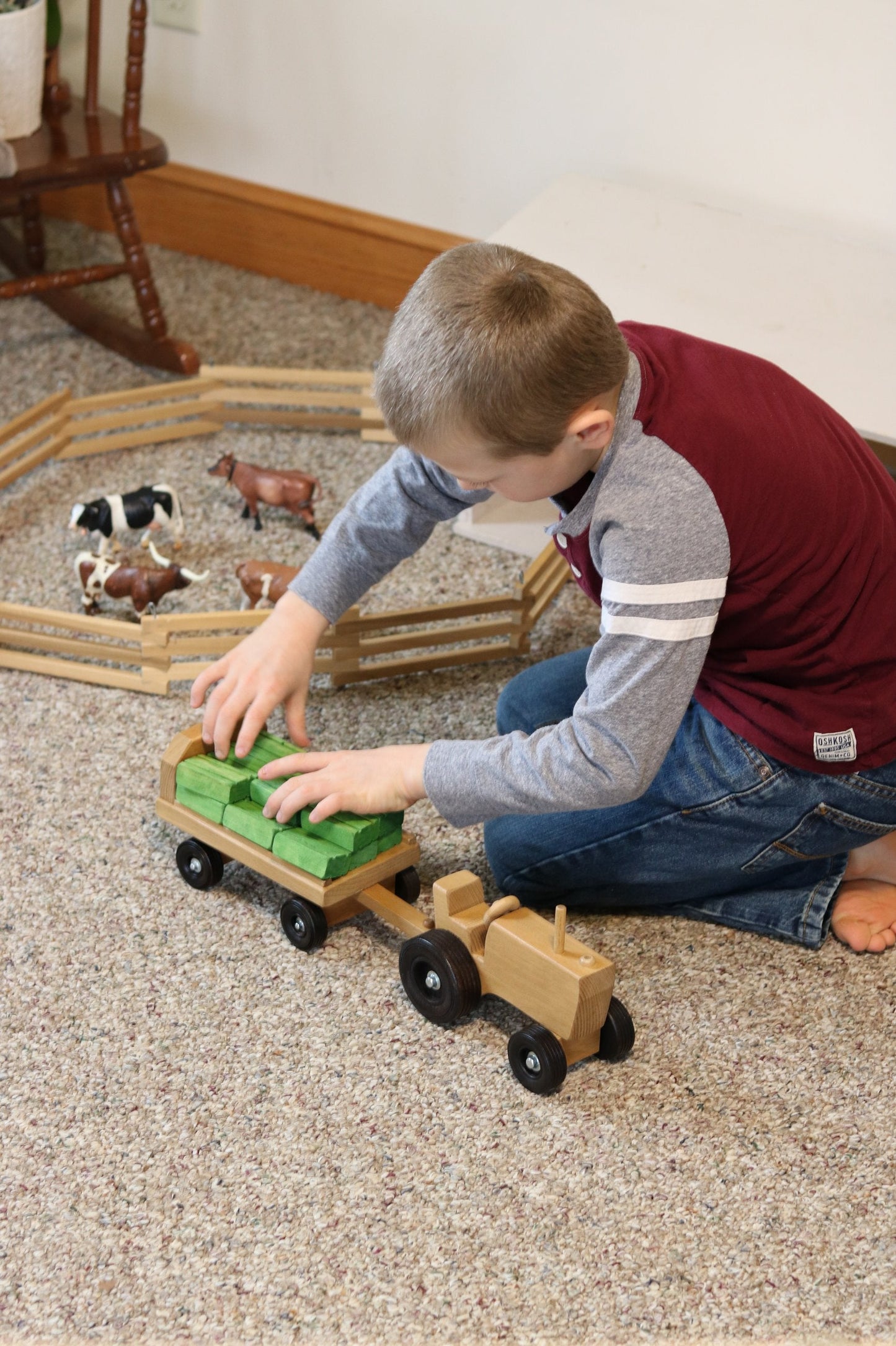 Amish Wooden Toy Tractor and Wagon Set with Hay Bales