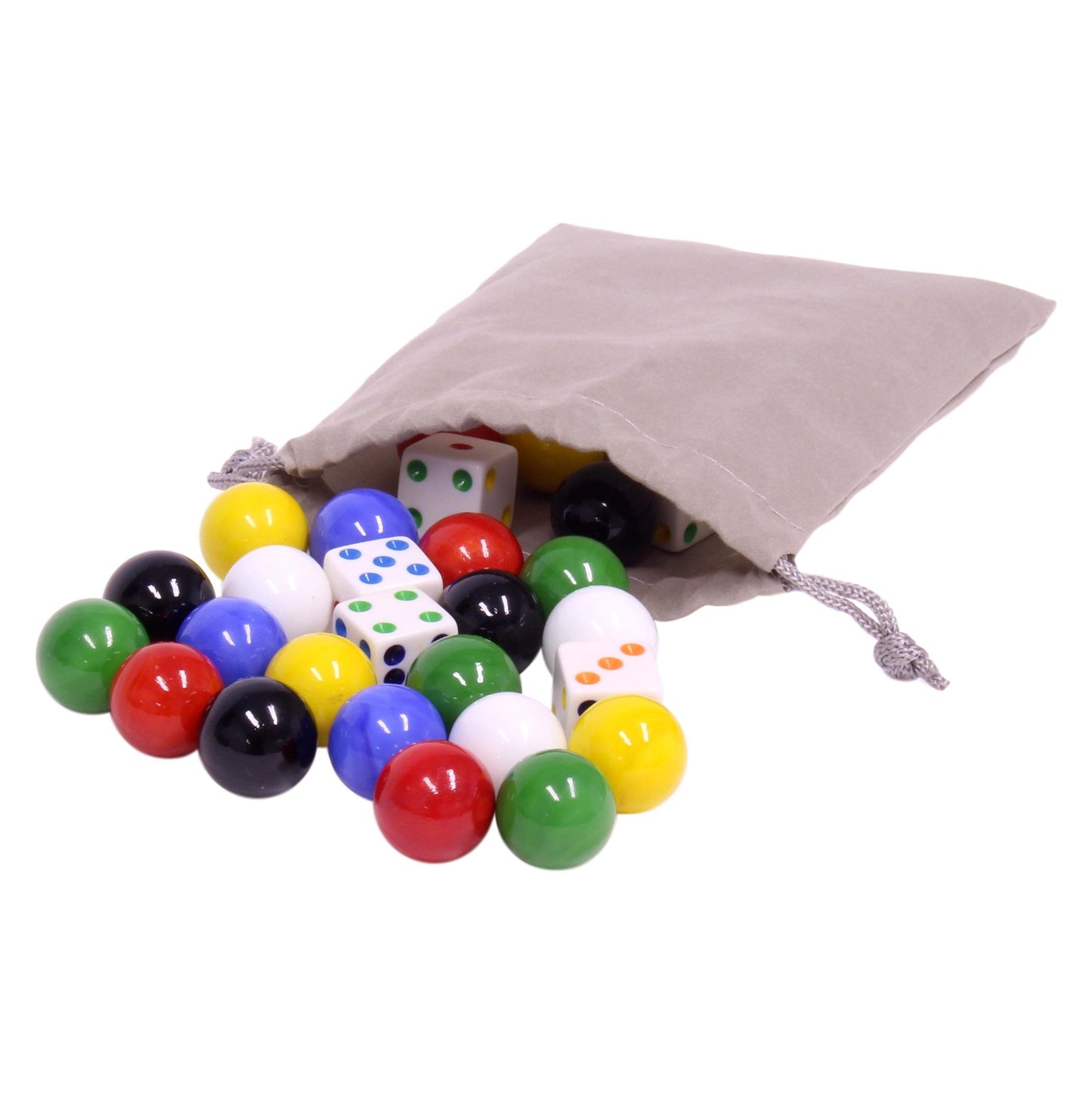 AmishGame Bag of 24 Large Glass Marbles (18mm Diameter) and 6 Dice for Aggravation Game