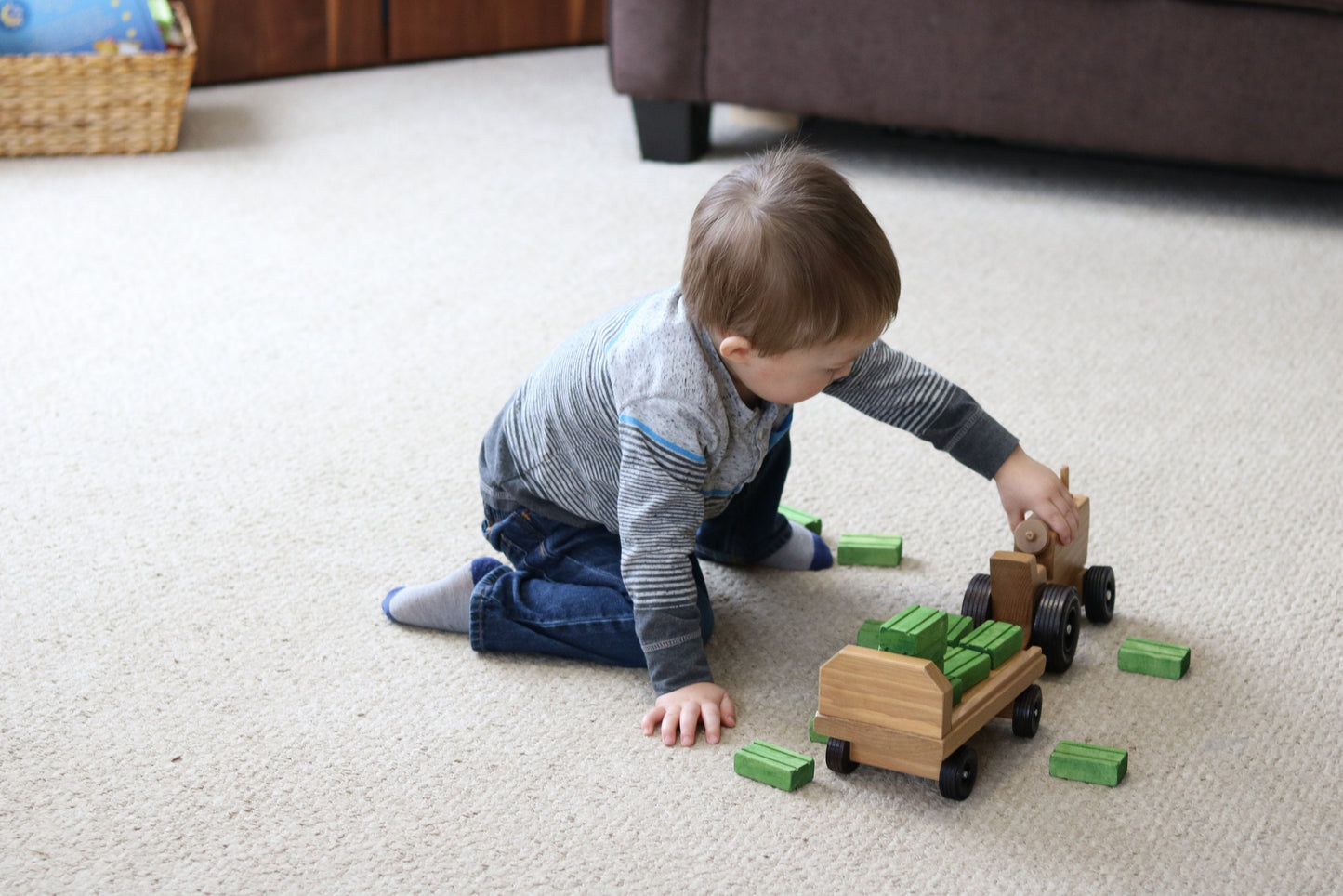 Amish Wooden Toy Tractor and Wagon Set with Hay Bales