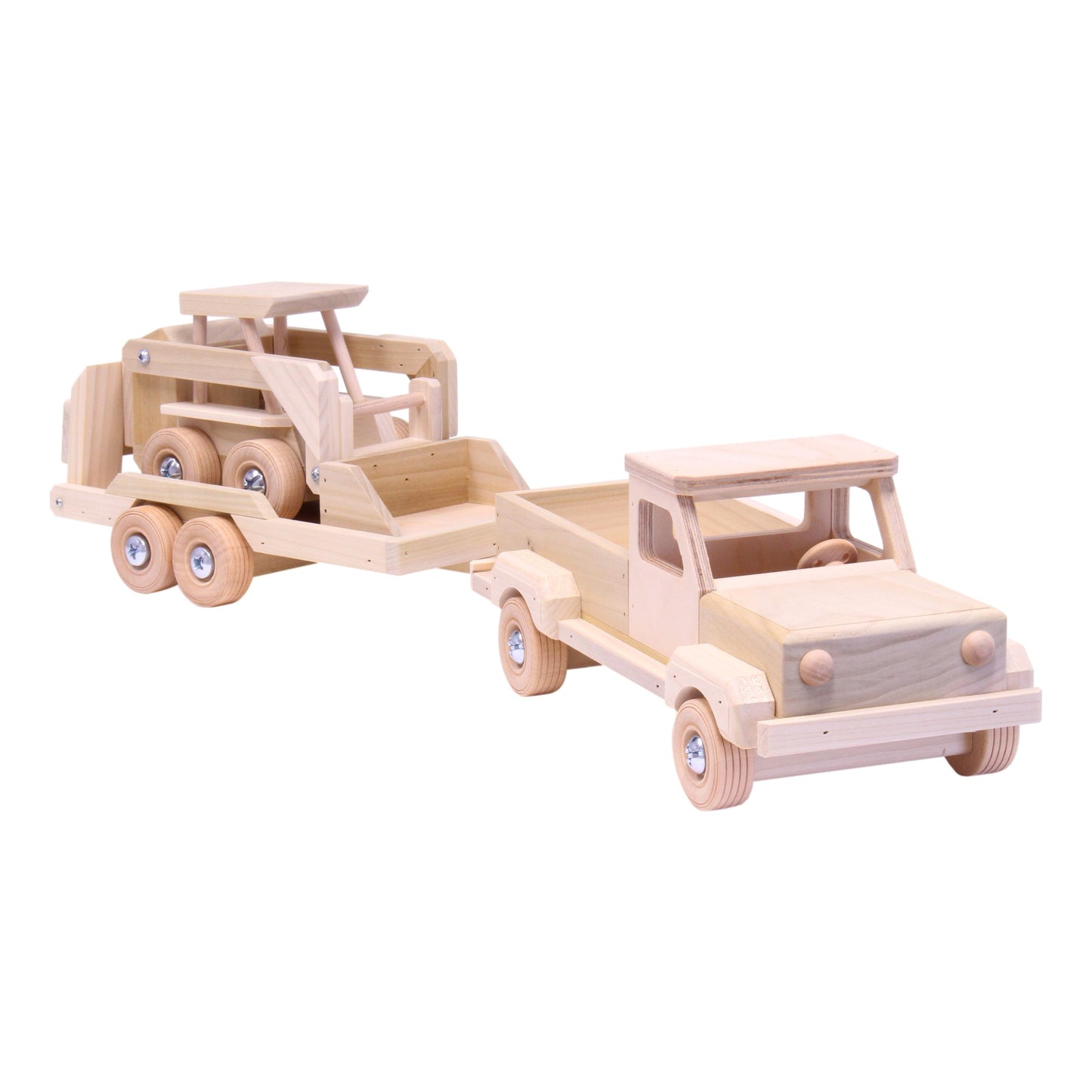 Amish Wooden Toy Pickup Truck and Flatbed Trailer with Skidloader Set