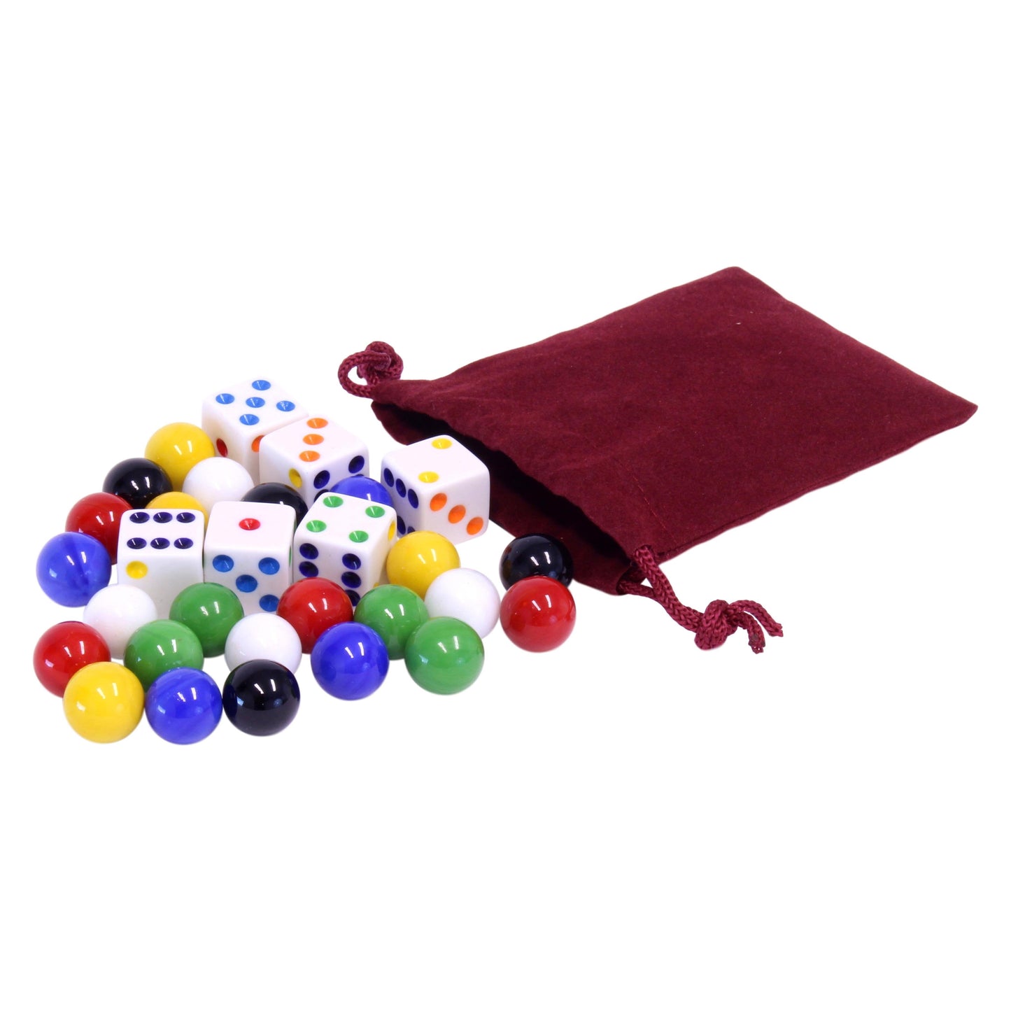 AmishGame Bag of 24 Glass Marbles (14mm) and 6 Dice for Aggravation Game