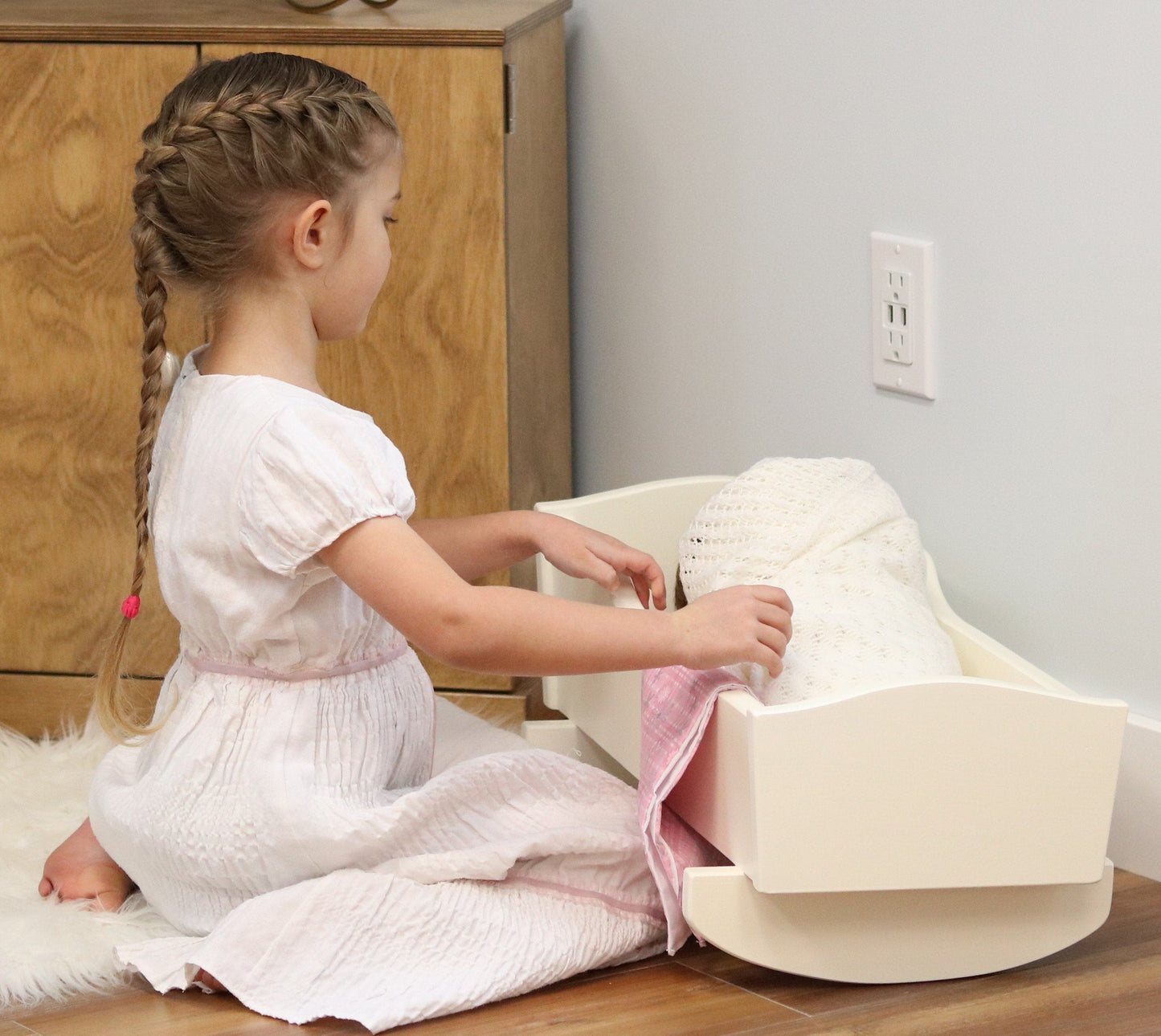 Amish Wooden Rebekah's Collection Doll Cradle with Blanket Set
