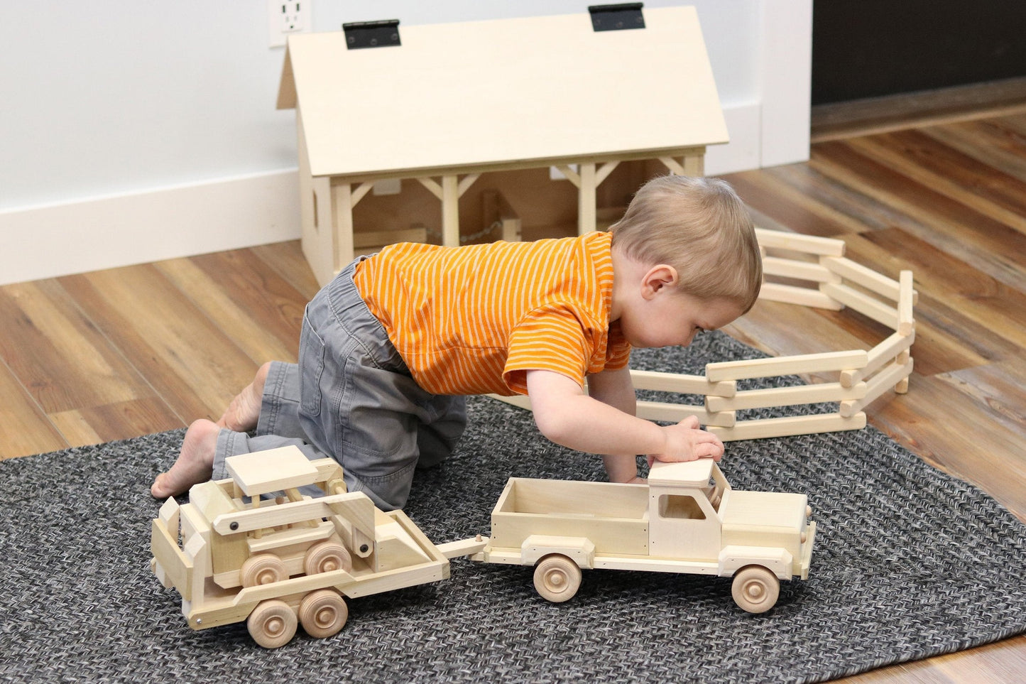 Amish Wooden Toy Pickup Truck and Flatbed Trailer with Skidloader Set