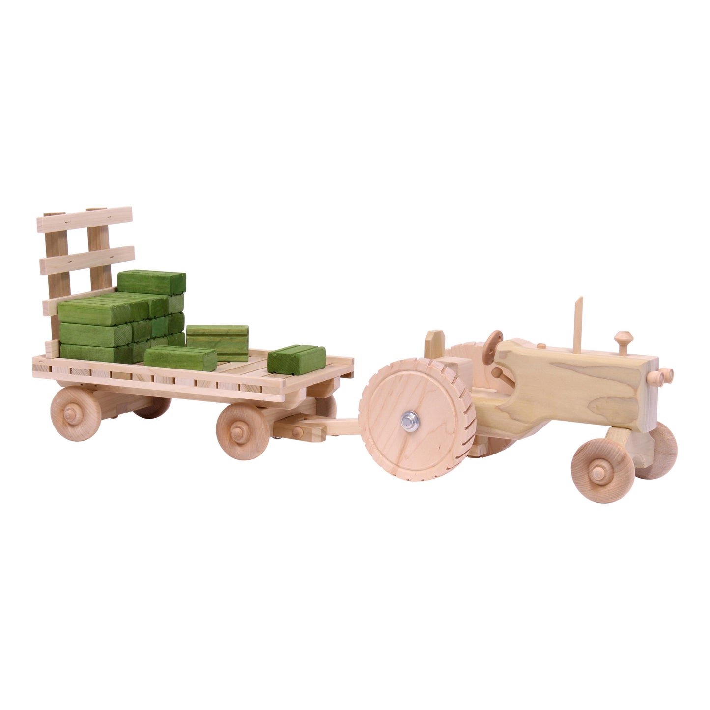 Amish Wooden Toy Tractor & Hay Wagon Set with Hay Bales