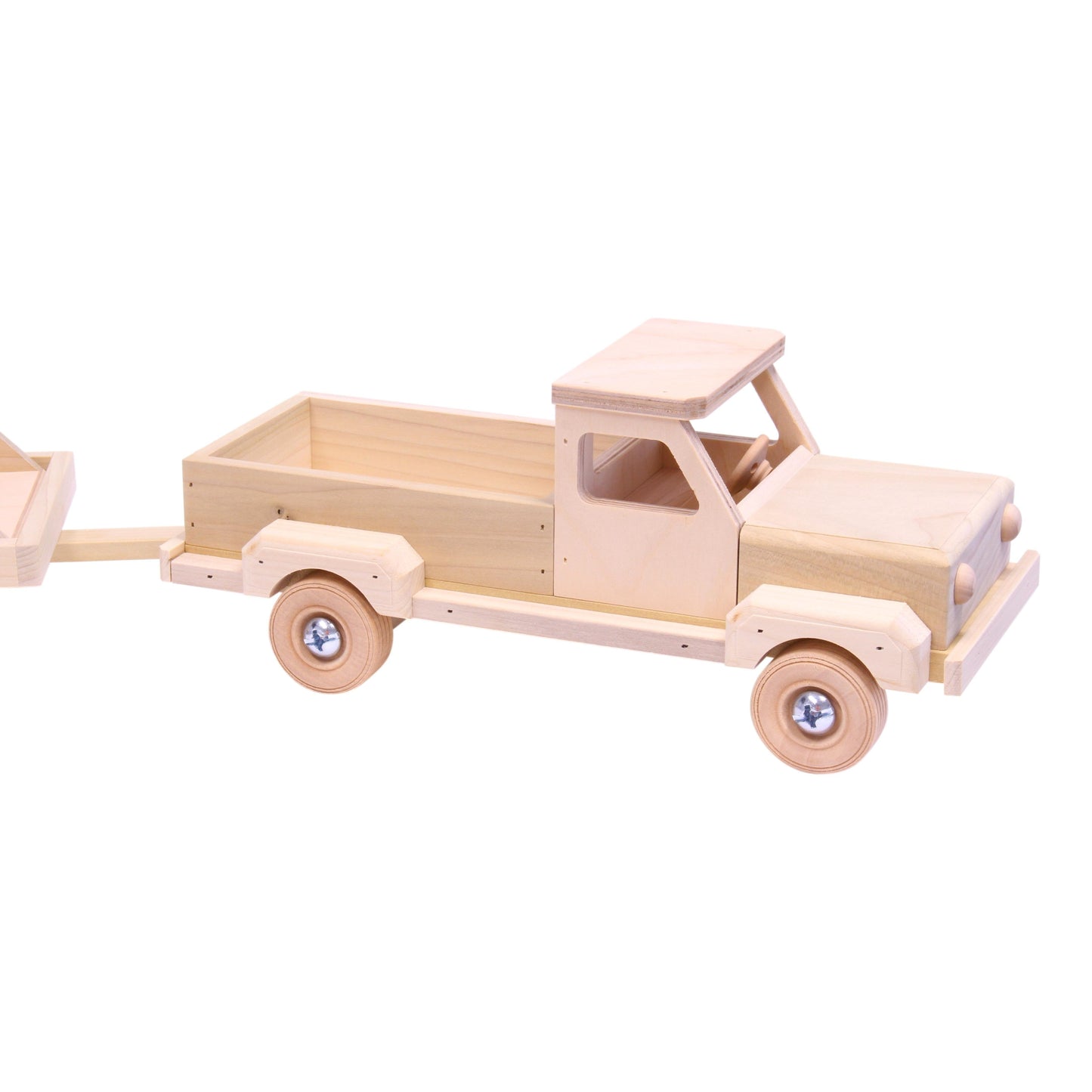 Amish Wooden Toy Pickup Truck and Flatbed Trailer with Skidloader Set