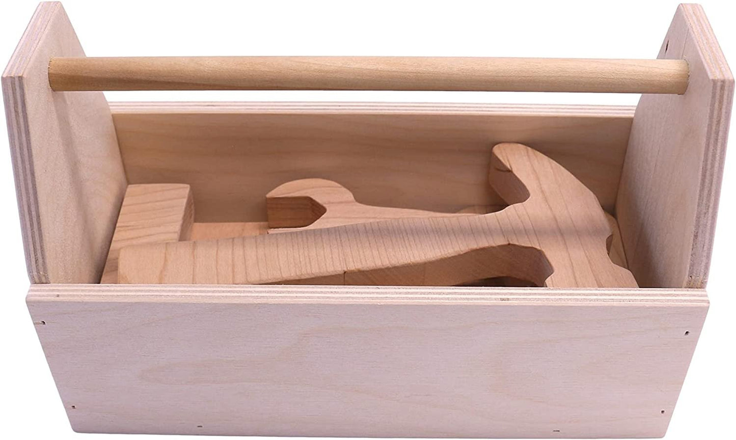 AmishKid's Play Tool Box Toy Set, 6 Piece Wooden Toy Tool Set, Unfinished