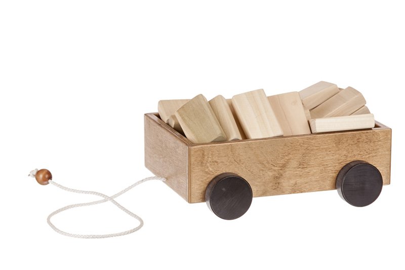 Amish Wooden Toddler Pull Wagon Toy with Wood Building Blocks