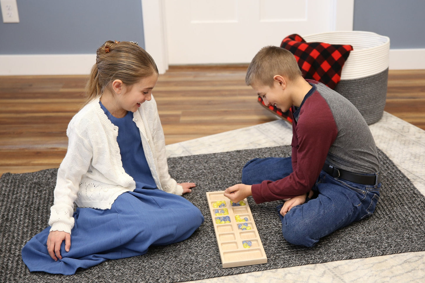 AmishSolid Oak Wood Mancala Board Game Set With Marbles,