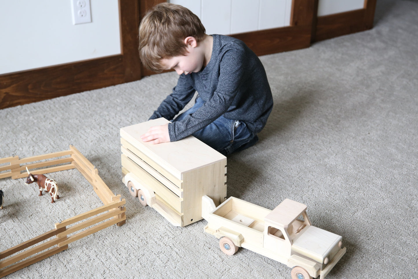 Amish Wooden Pickup & Horse Trailer Toy Set, Unfinished