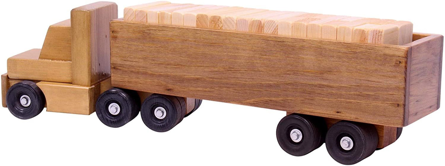 Amish Large Semi Truck and Trailer Wooden Toy Set - with 30 Building Blocks