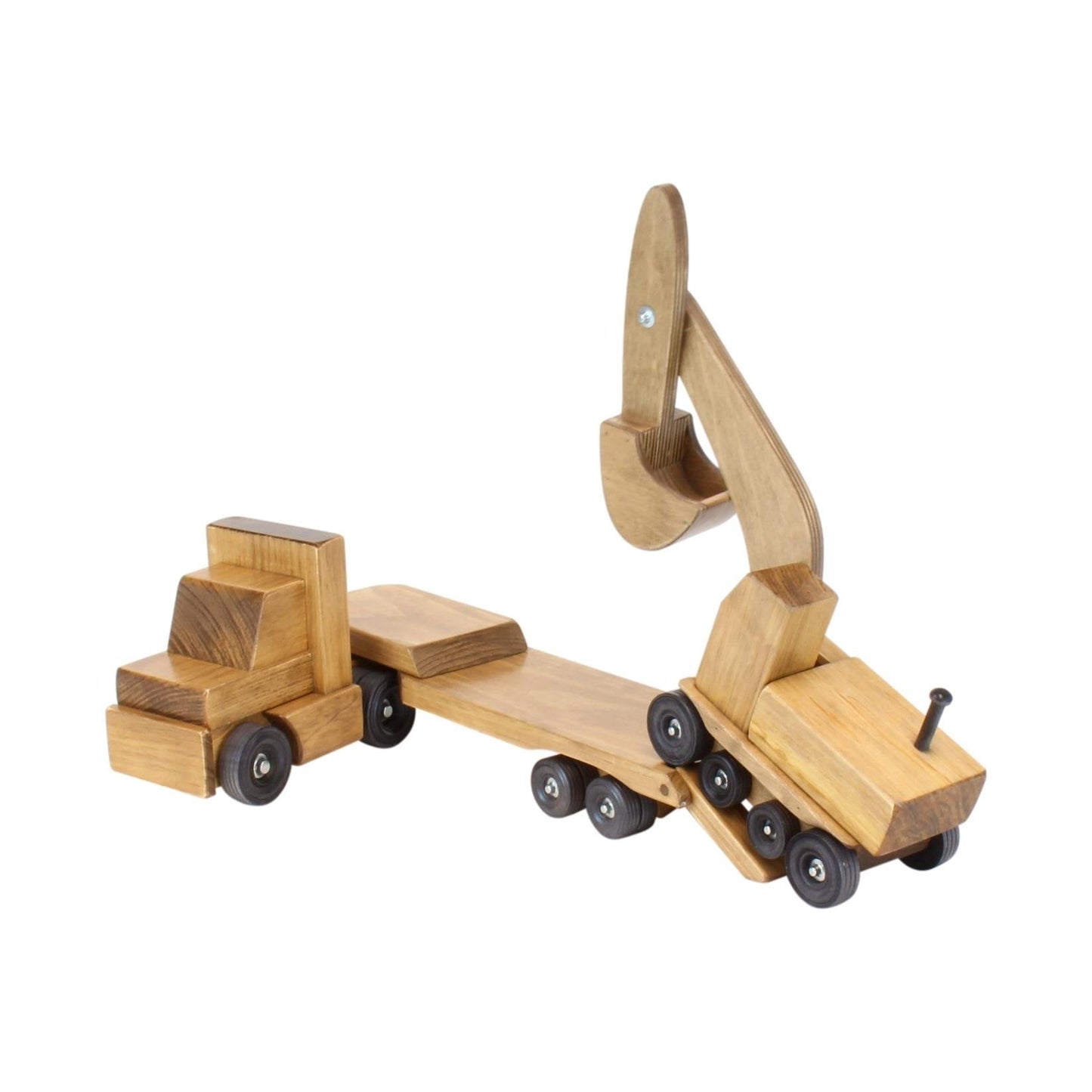 Amish Large Wooden Toy Truck & Low Boy Flatbed Trailer with Excavator Set