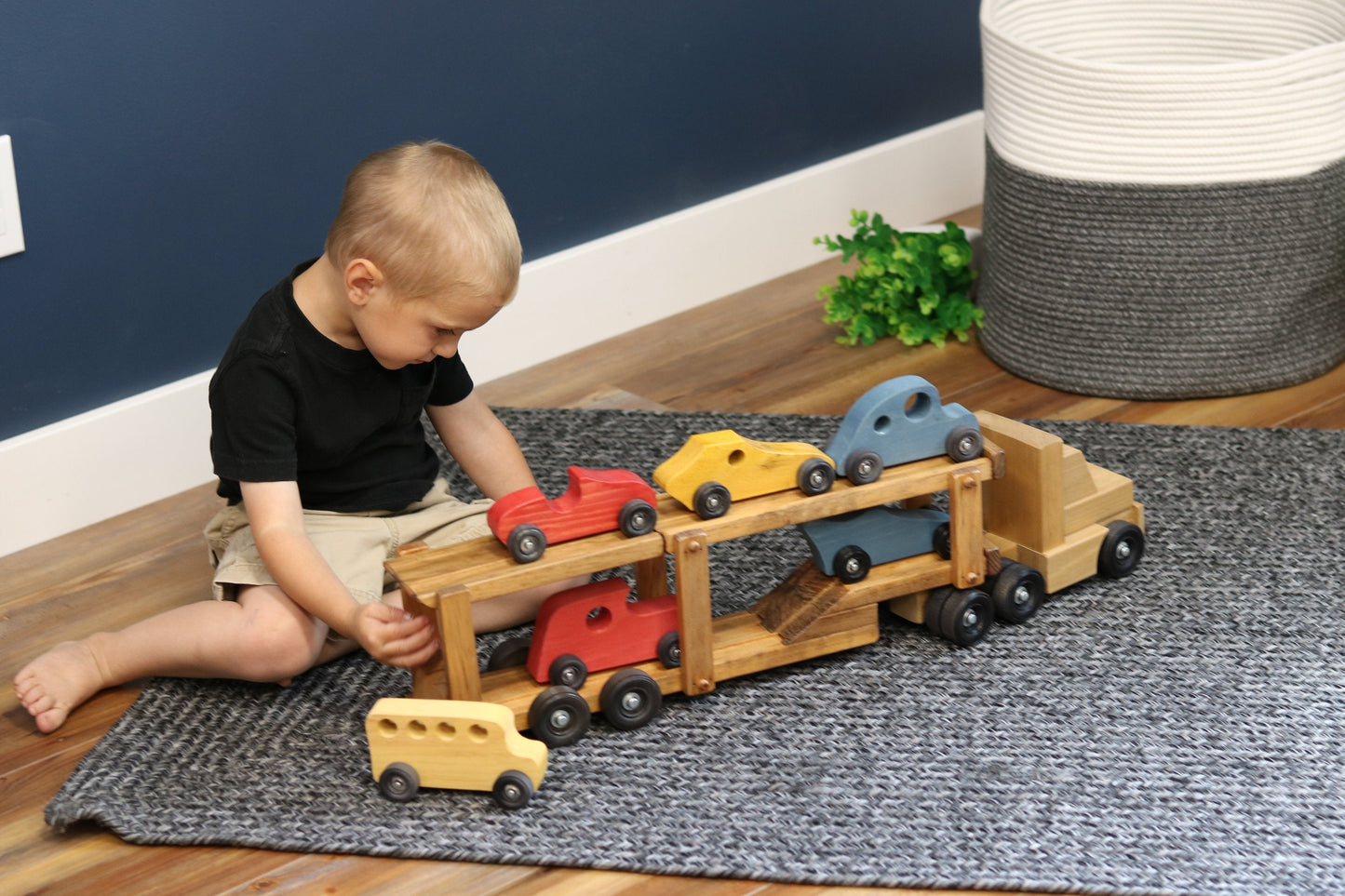 Amish Wooden Car-Carrier Semi Truck and Trailer Toy Set with 6 Cars
