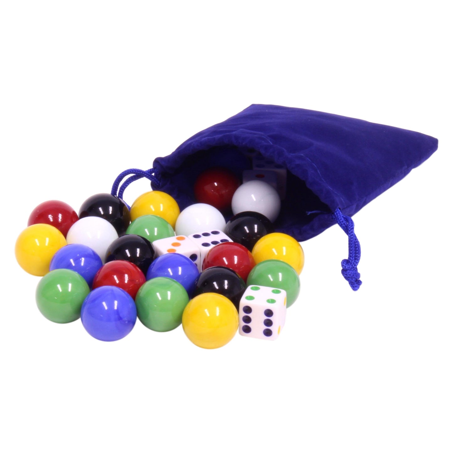 AmishGame Bag of 24 Large Glass 7/8" (22mm Diameter) Marbles and 6 Dice