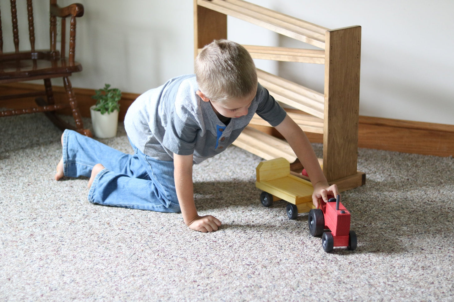 Amish Wooden Toy Tractor and Wagon Set with Hay Bales