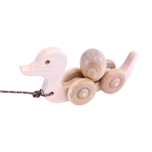 Amish Wooden Duck Pull Toy for Toddlers Rolling Wheels and Rotating Egg
