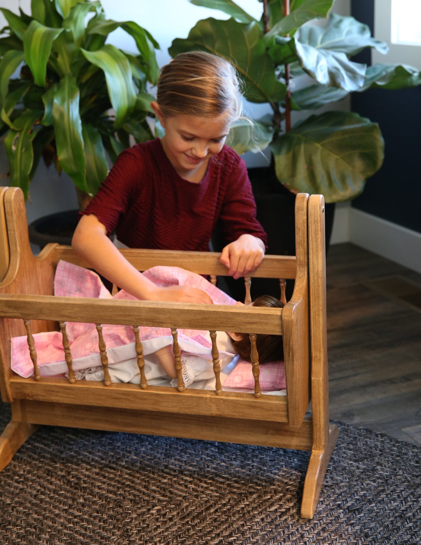 Amish Wooden Deluxe Doll Swinging Cradle with Bedding