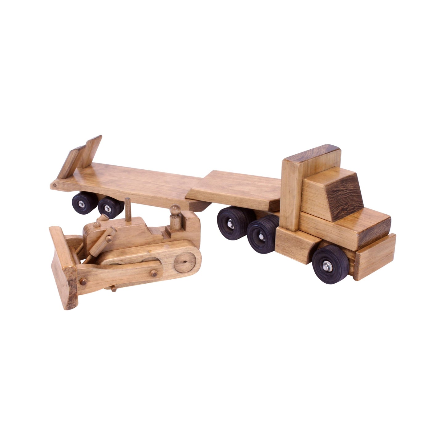 Amish Wooden Toy Truck & Low Boy Flatbed Trailer with Bulldozer Set
