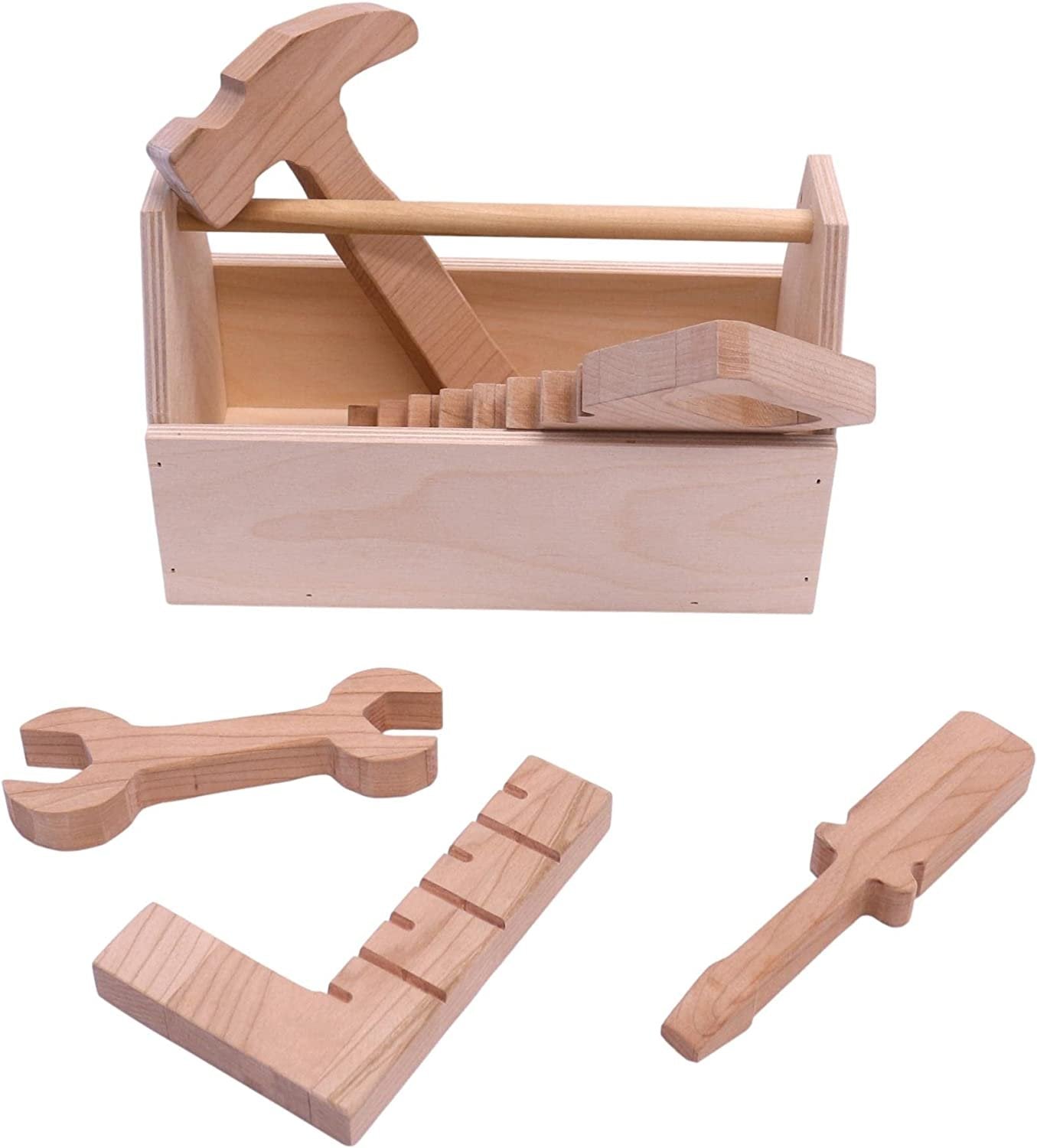 AmishKid's Play Tool Box Toy Set, 6 Piece Wooden Toy Tool Set, Unfinished