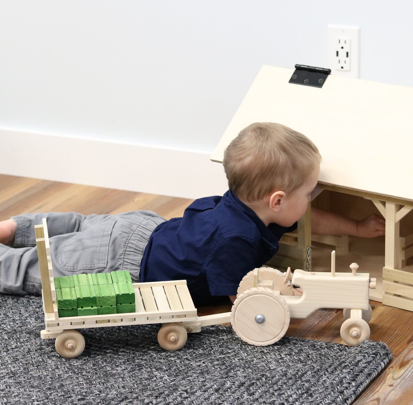 Amish Wooden Toy Tractor & Hay Wagon Set with Hay Bales