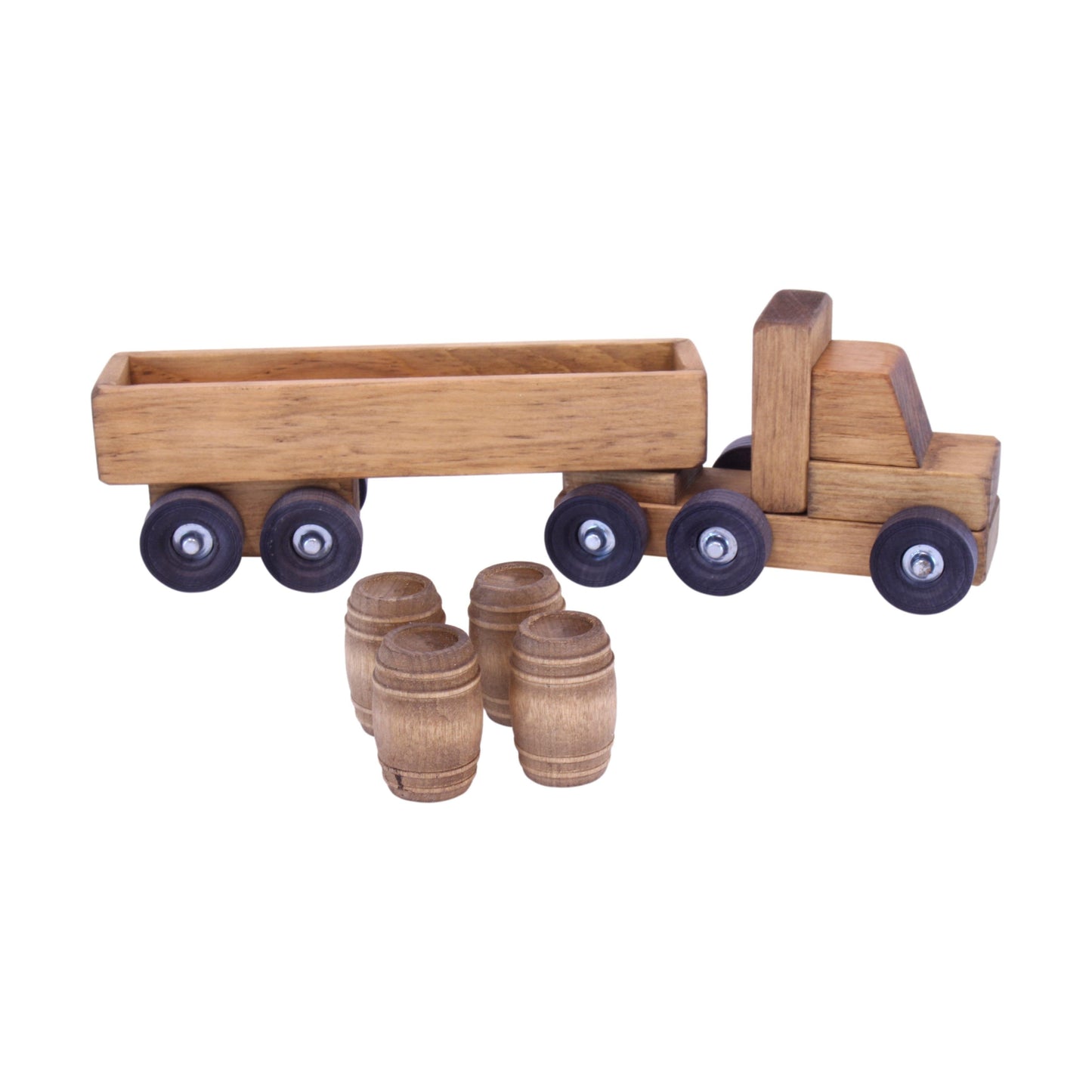Amish Wooden Barrel Truck Toy With Removable Wood Barrels Child-Safe Harvest Stain Finish