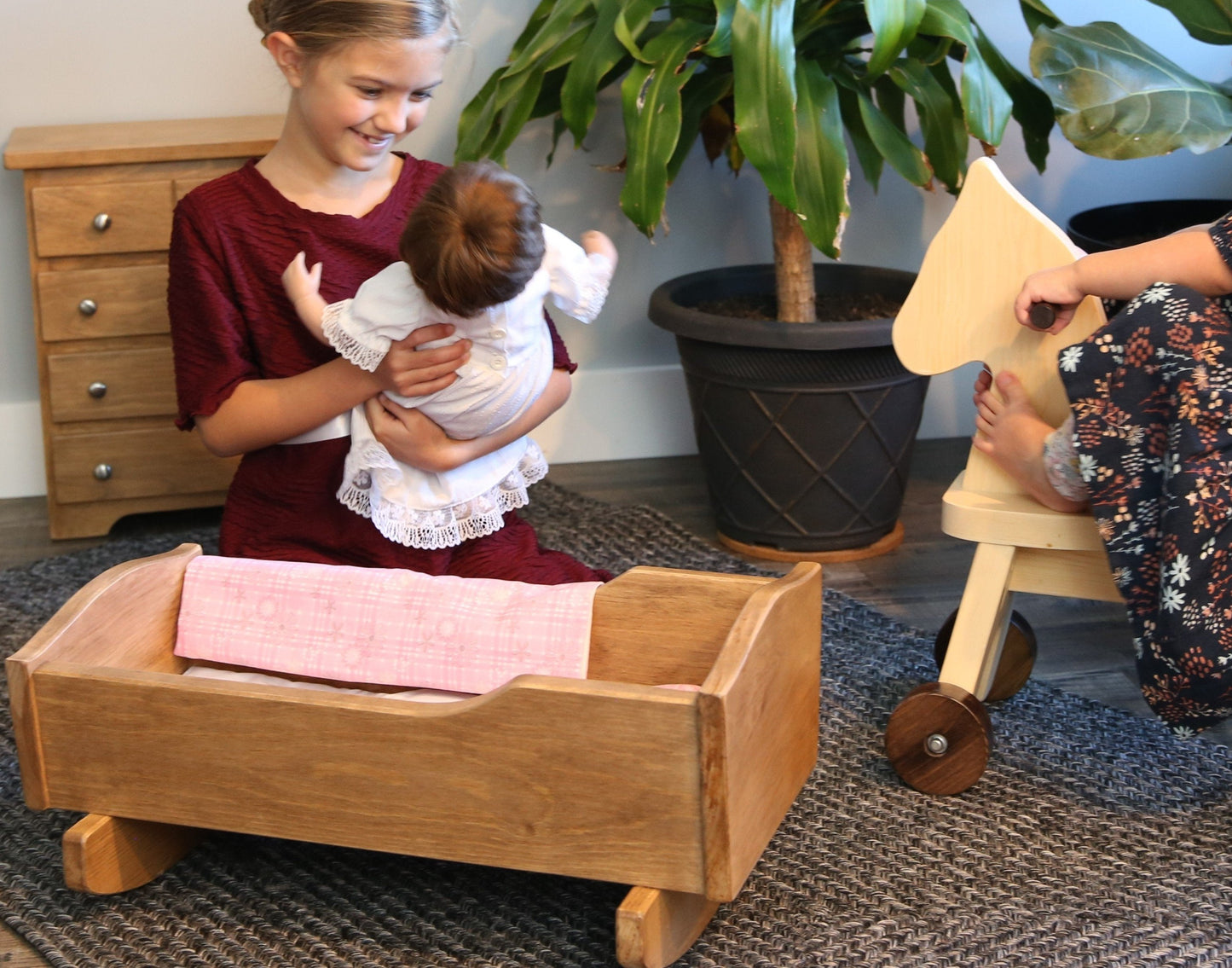 Amish Wooden Rebekah's Collection Doll Cradle with Blanket Set