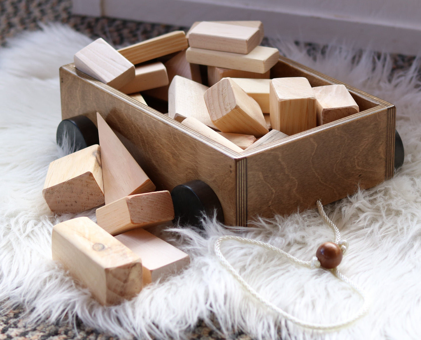 Amish Wooden Toddler Pull Wagon Toy with Wood Building Blocks