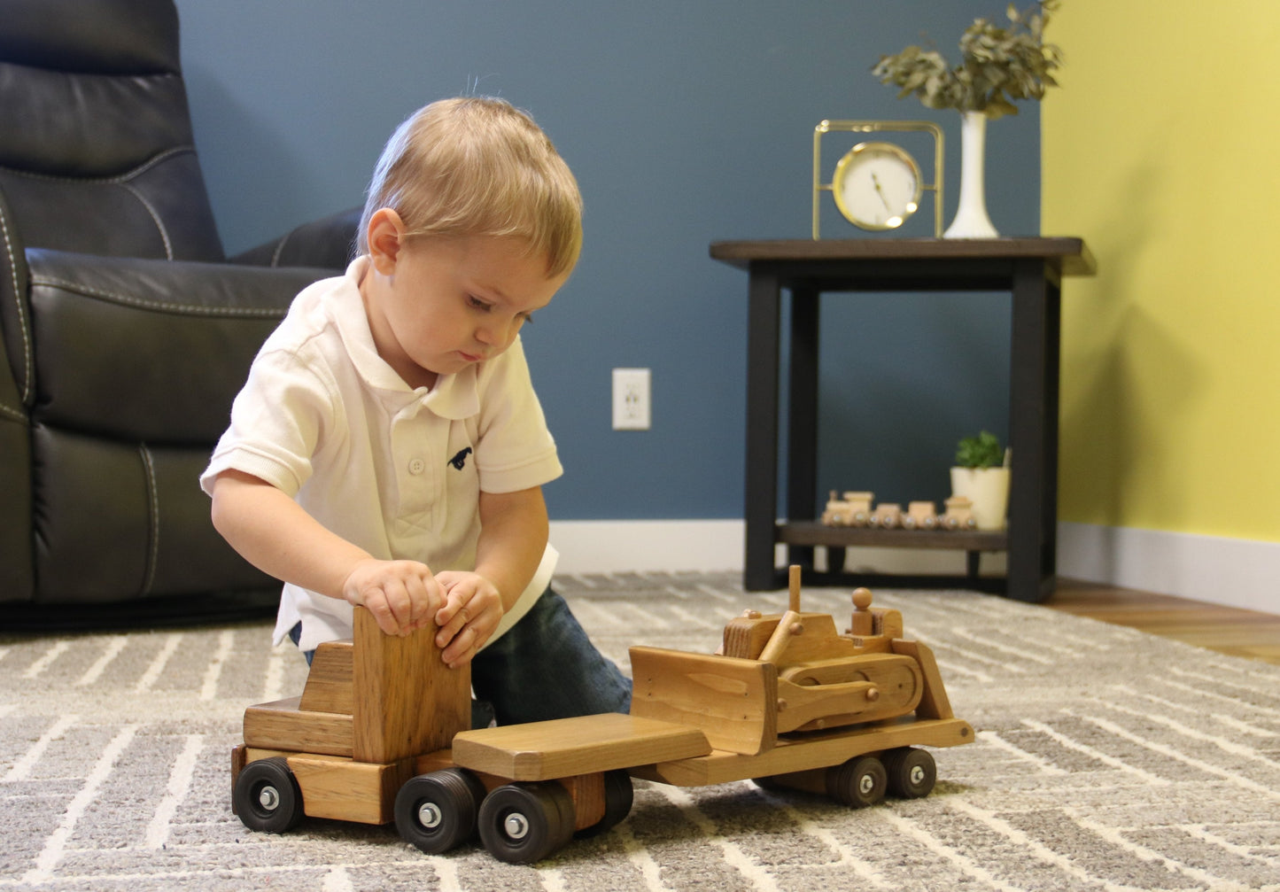 Amish Wooden Toy Truck & Low Boy Flatbed Trailer with Bulldozer Set