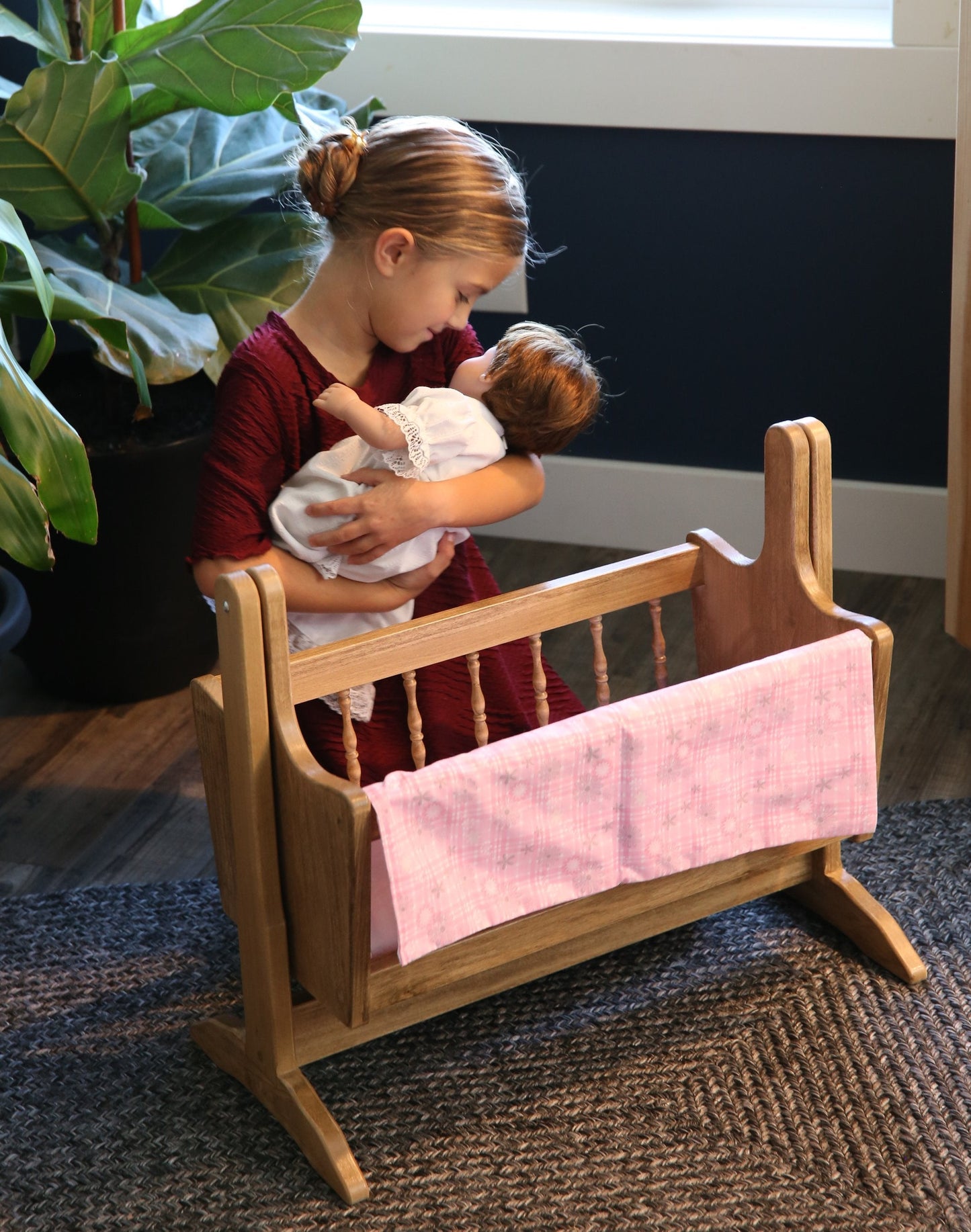 Amish Wooden Deluxe Doll Swinging Cradle with Bedding
