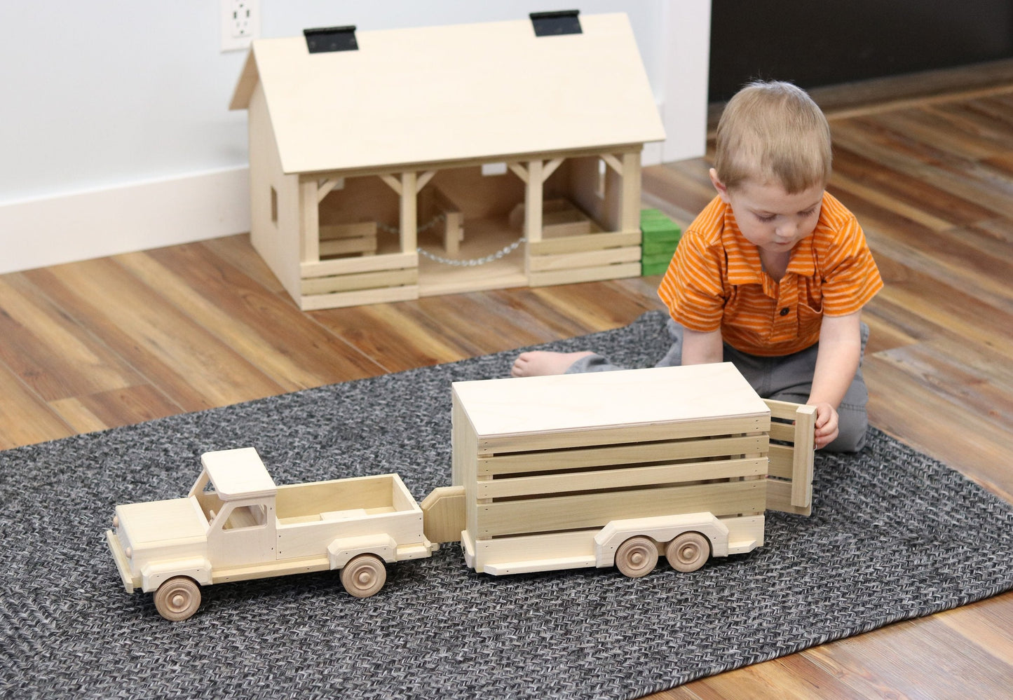 Amish Wooden Pickup & Horse Trailer Toy Set, Unfinished