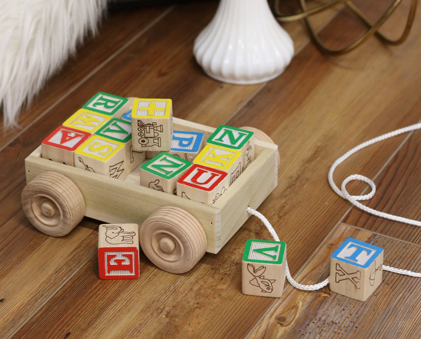 Amish Wooden ABC Block Toddler Pull-String Wagon Toy