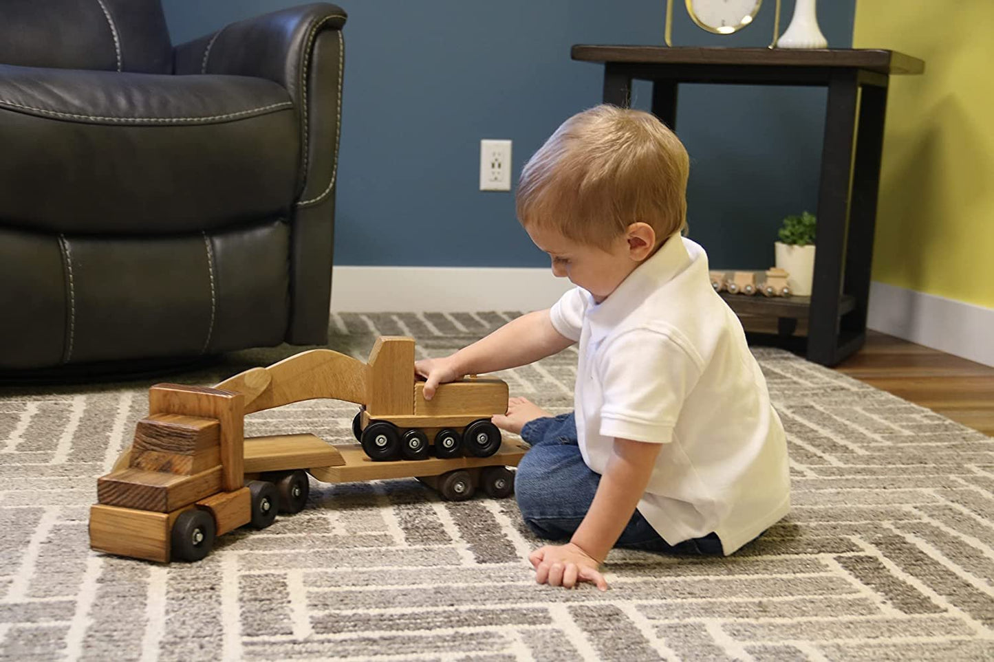 Amish Large Wooden Toy Truck & Low Boy Flatbed Trailer with Excavator Set