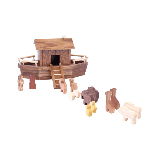 Amish Noah's Ark Wooden Playset with 13 Animals, Removable Roof and Ramp
