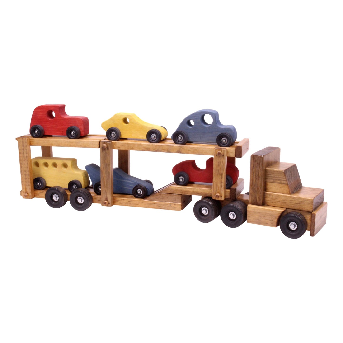 Amish Wooden Car-Carrier Semi Truck and Trailer Toy Set with 6 Cars