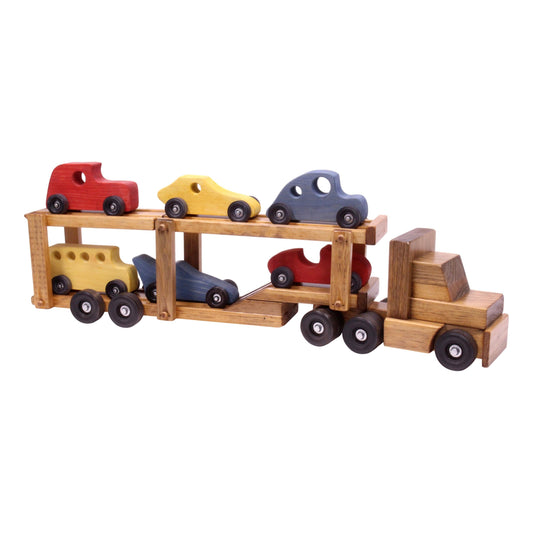 Amish Wooden Car-Carrier Semi Truck and Trailer Toy Set with 6 Cars