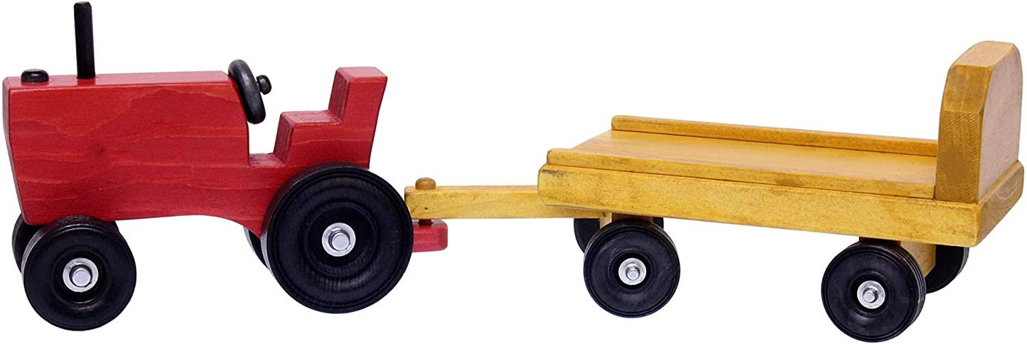 Amish Wooden Toy Tractor and Wagon Set with Hay Bales