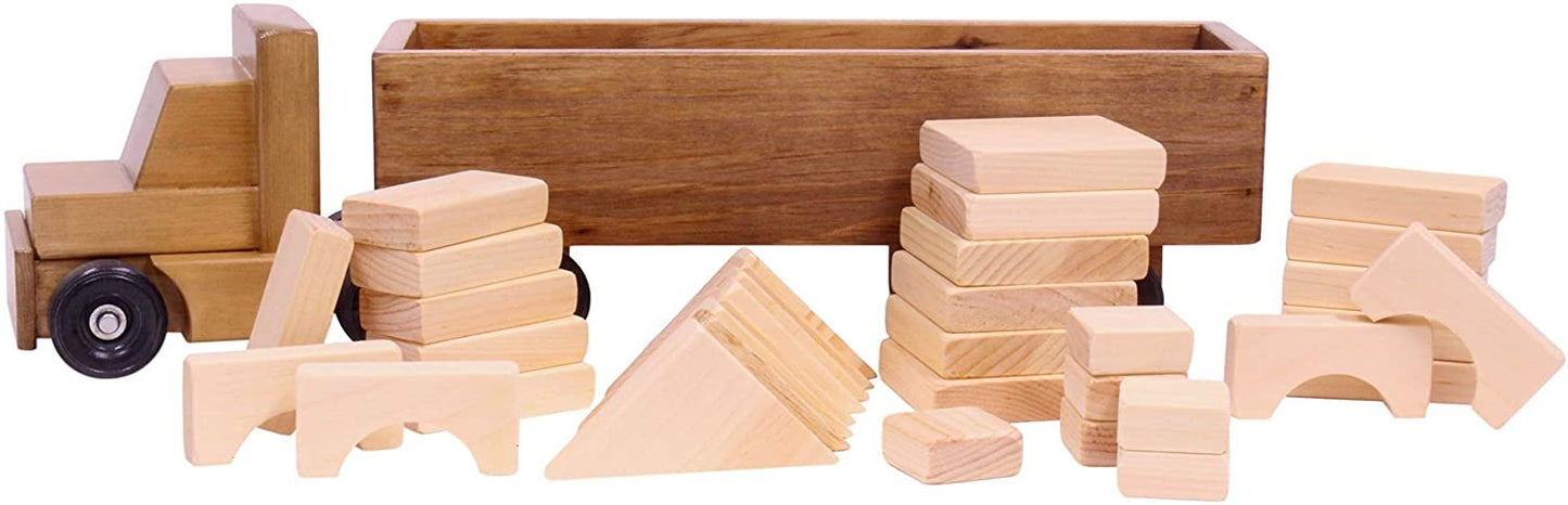 Amish Large Semi Truck and Trailer Wooden Toy Set - with 30 Building Blocks