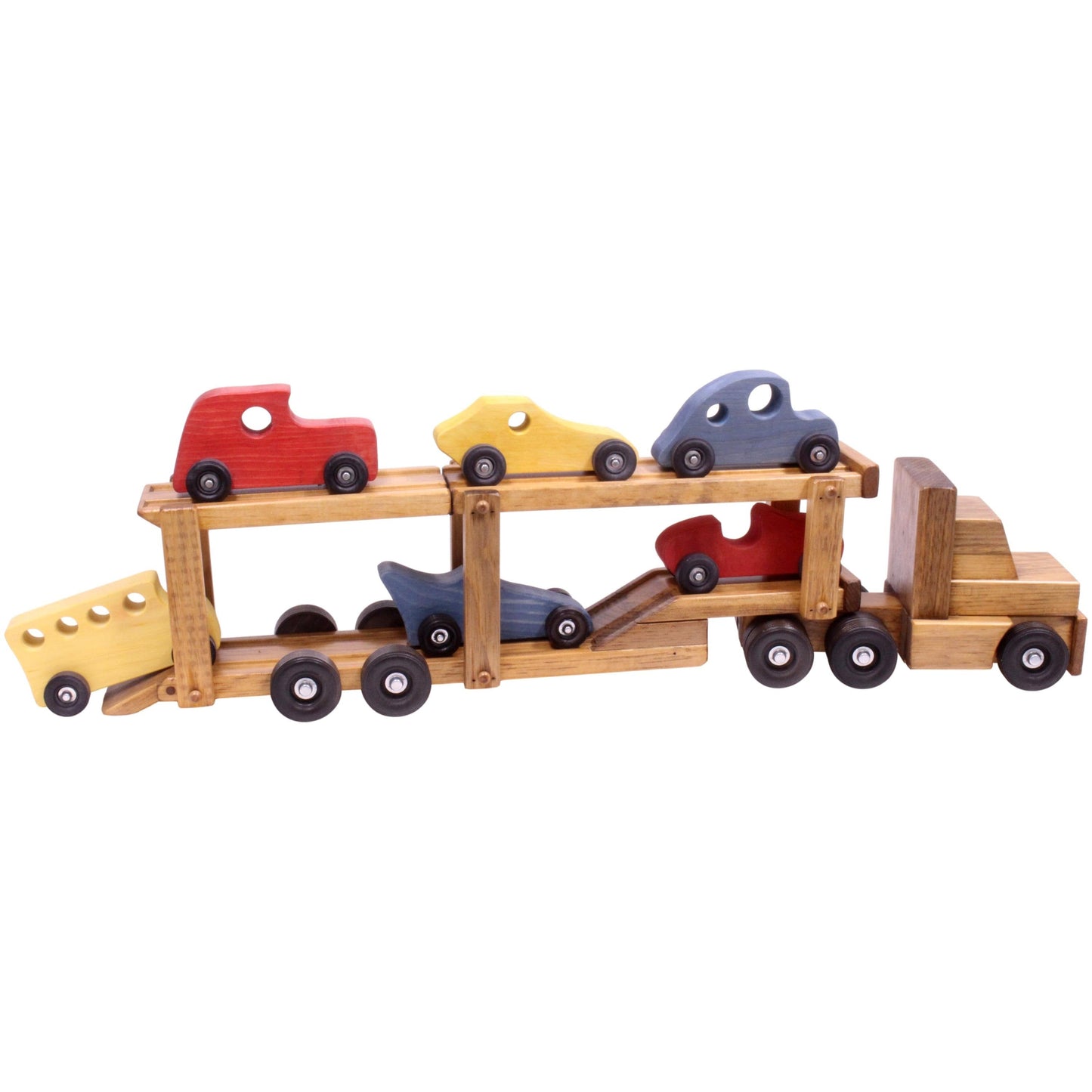Amish Wooden Car-Carrier Semi Truck and Trailer Toy Set with 6 Cars