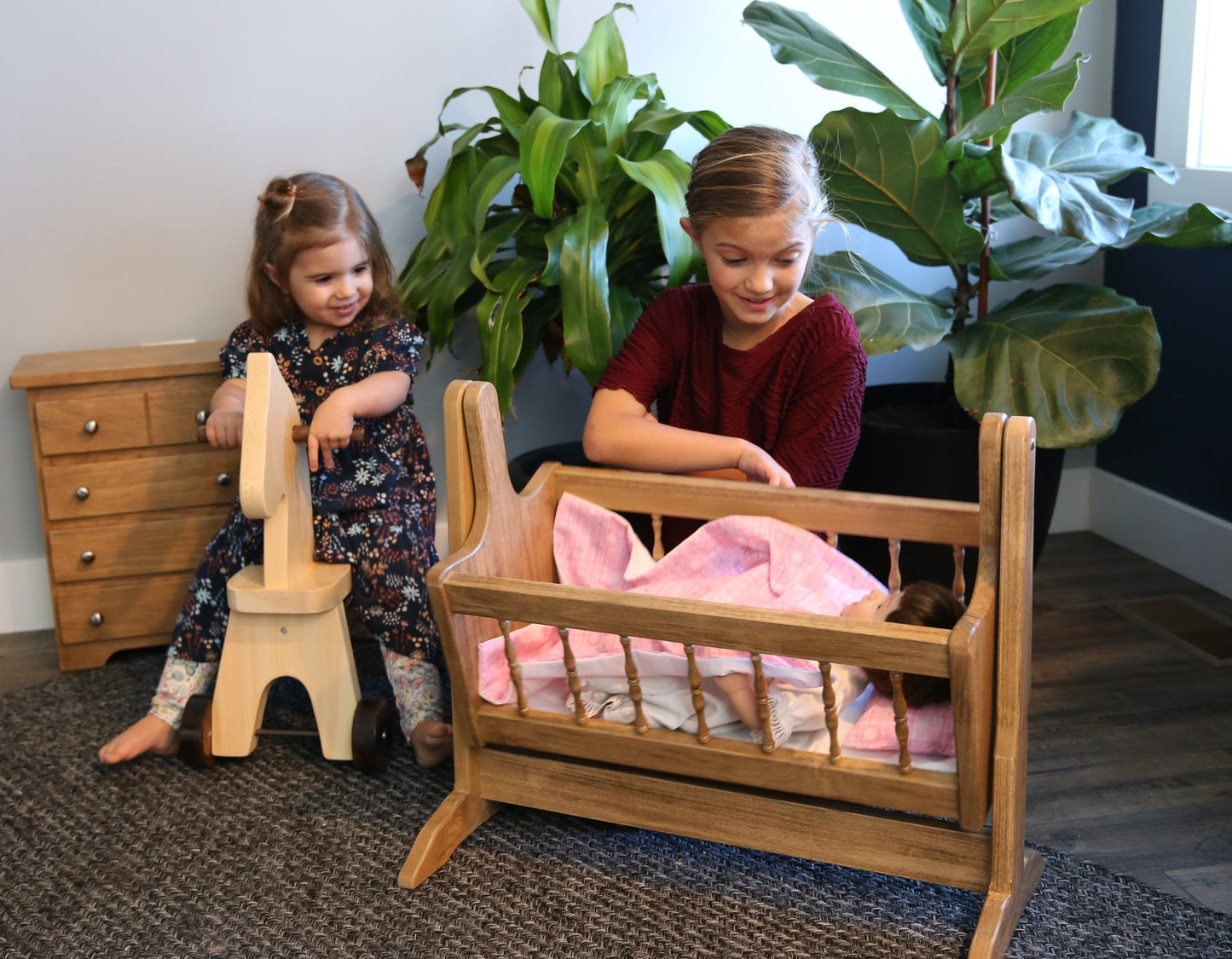Amish Wooden Deluxe Doll Swinging Cradle with Bedding