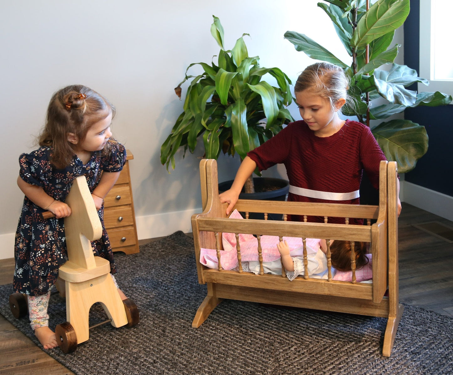 Amish Wooden Deluxe Doll Swinging Cradle with Bedding