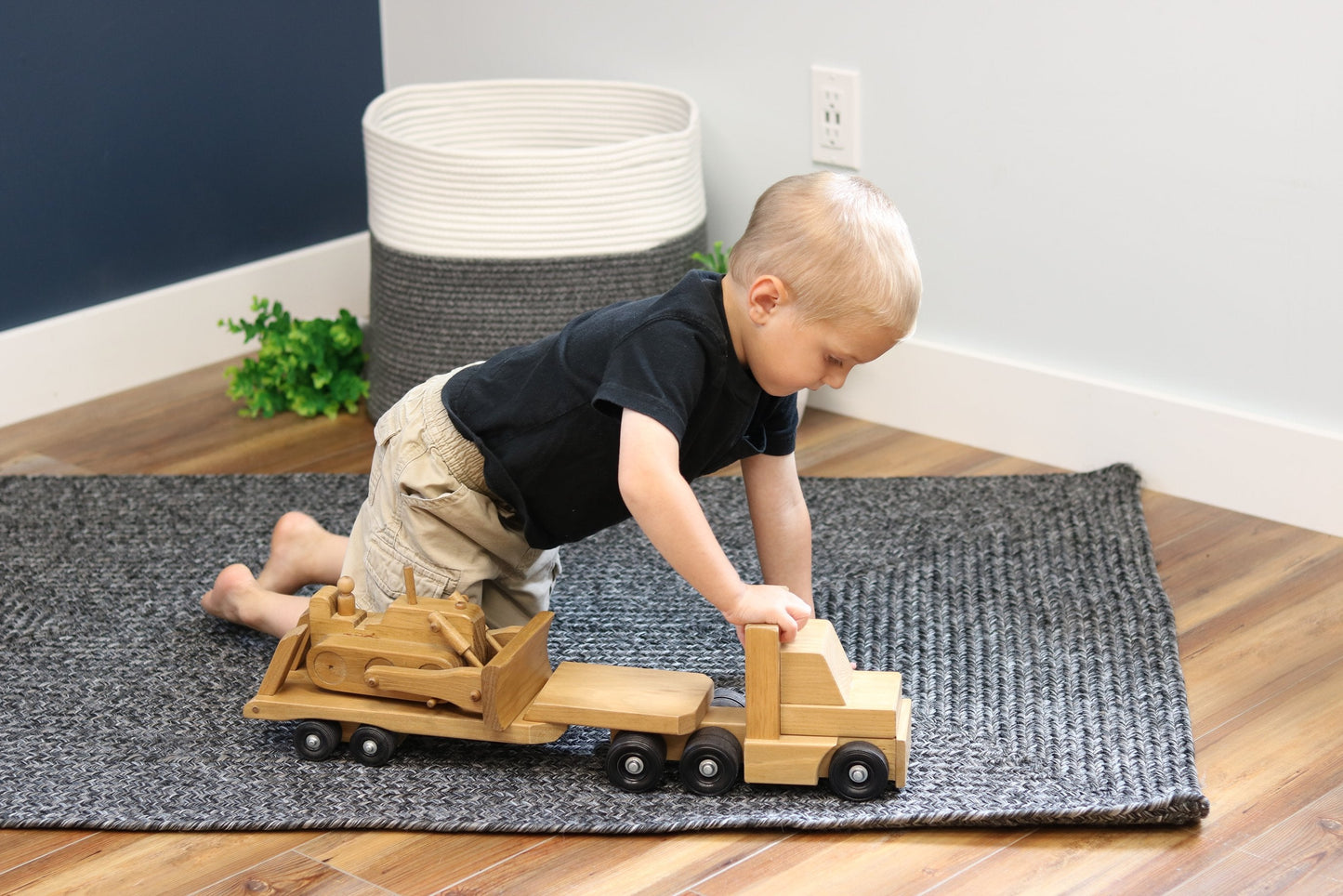 Amish Wooden Toy Truck & Low Boy Flatbed Trailer with Bulldozer Set